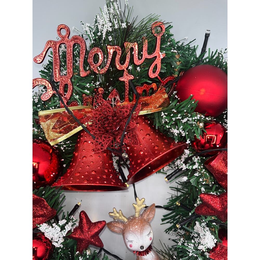 Pre Lit Merry Christmas Wreath with Twinkly Lights plus Reindeer Poinsettia Bell - Picture 12 of 16